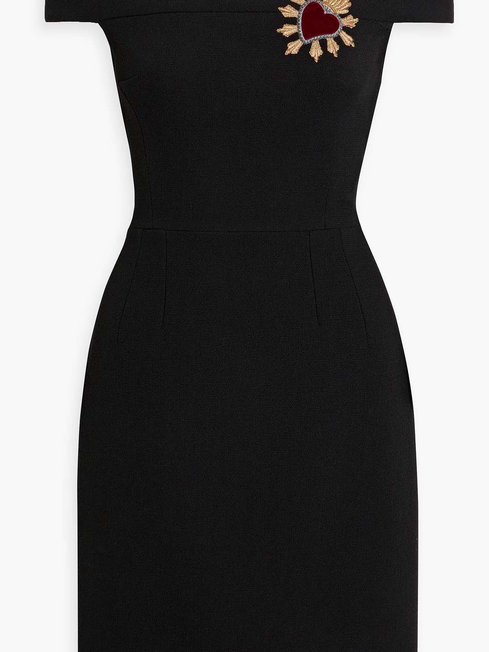 off-the-shoulder appliquéd wool-crepe mini dress