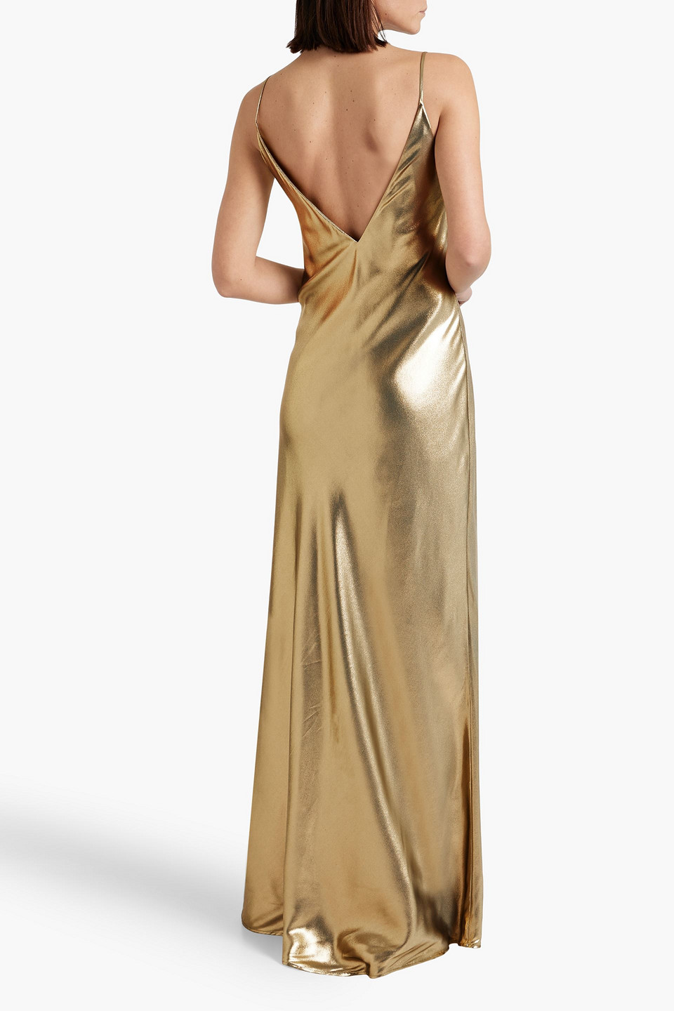 Galvan Ized Plunging Metallic Silk Slip Maxi Dress In Gold