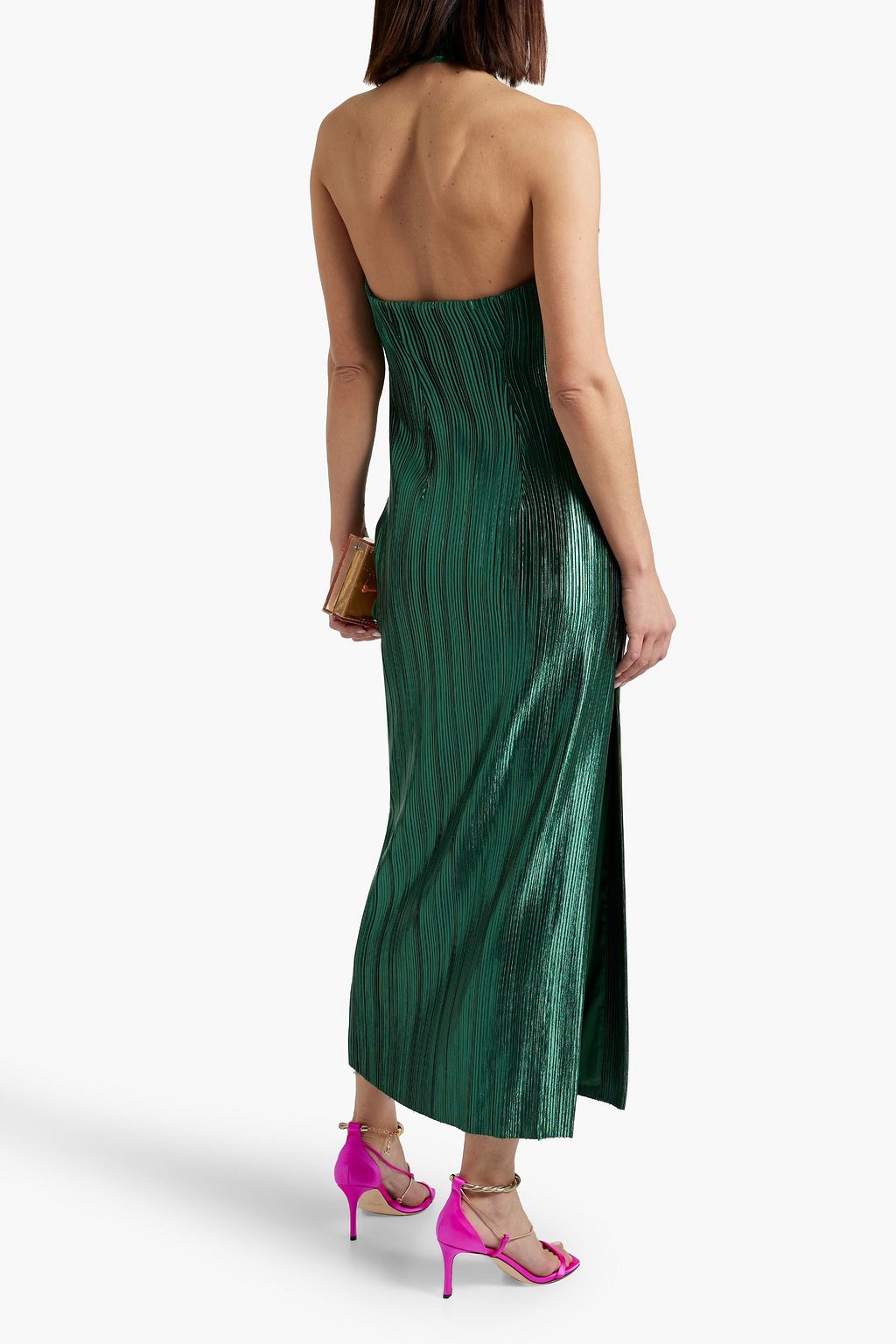 GALVAN  LONDON Panarea metallic plissé-crepe halterneck midi dress