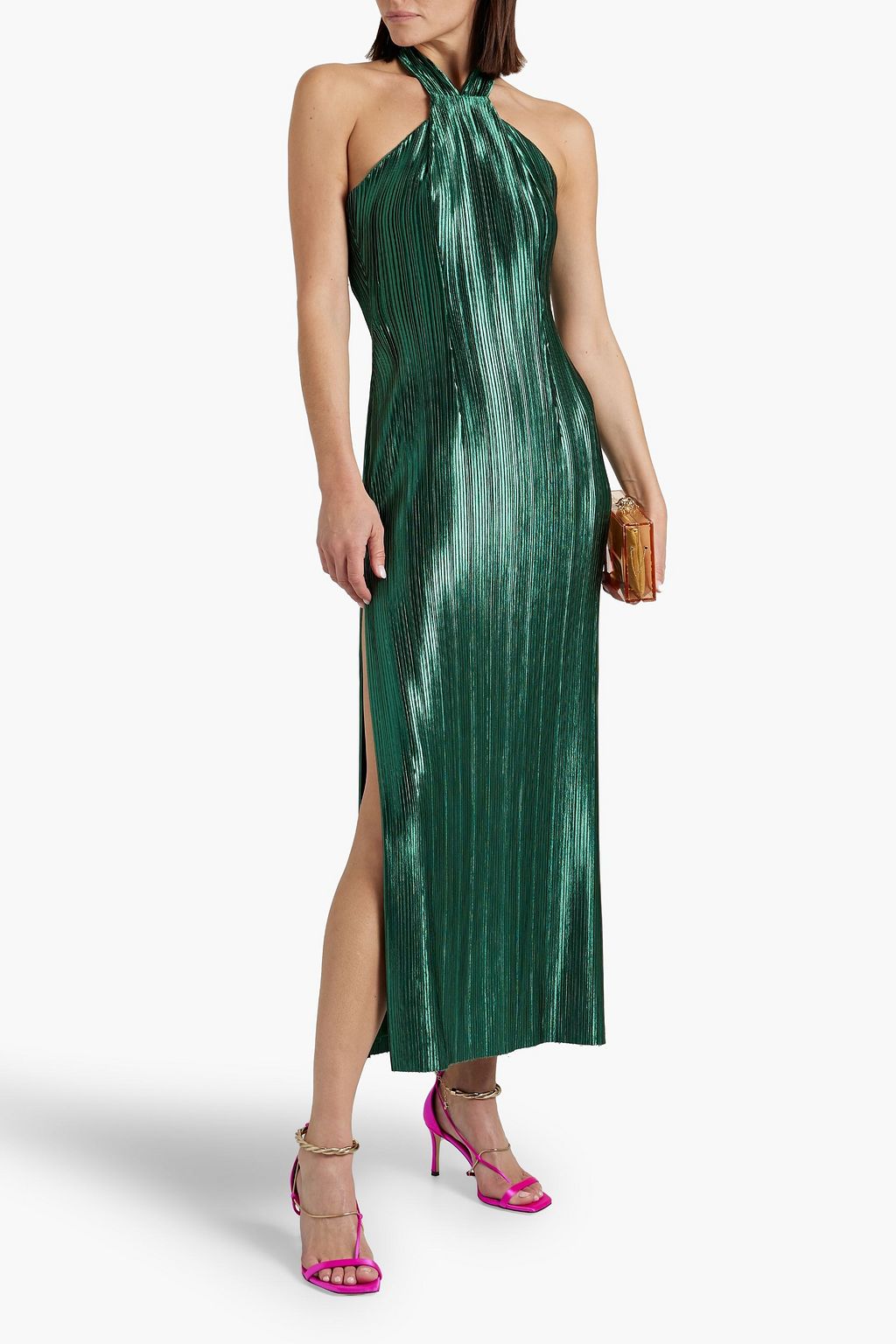GALVAN  LONDON Panarea metallic plissé-crepe halterneck midi dress