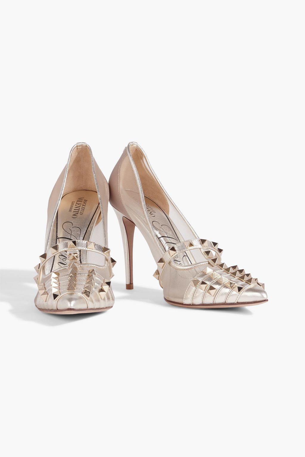 VALENTINO GARAVANI Rockstud leather-trimmed mesh pumps