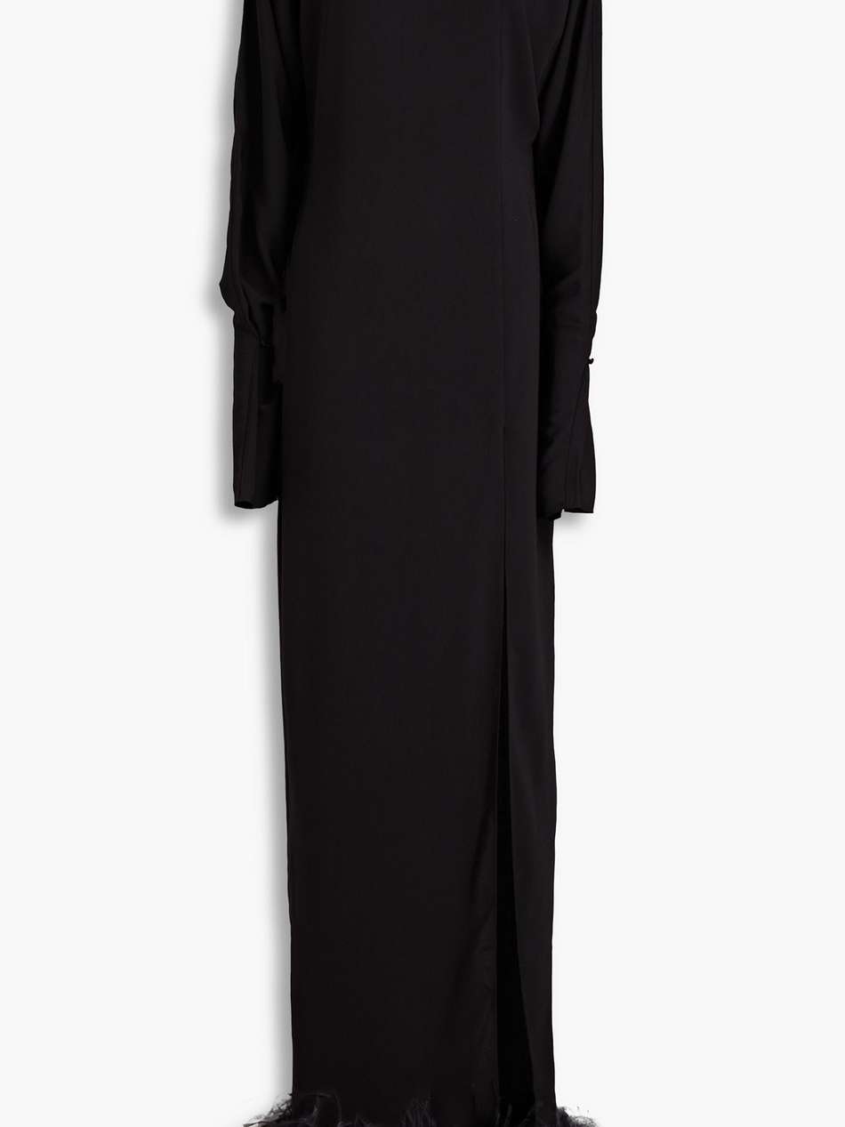 flora open-back feather-trimmed crepe gown