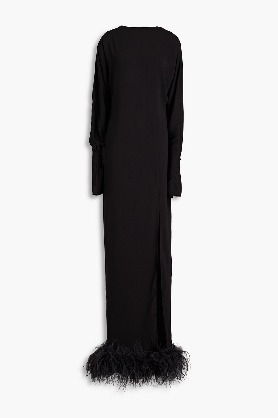 16arlington Flora Open-back Feather-trimmed Crepe Gown In Schwarz