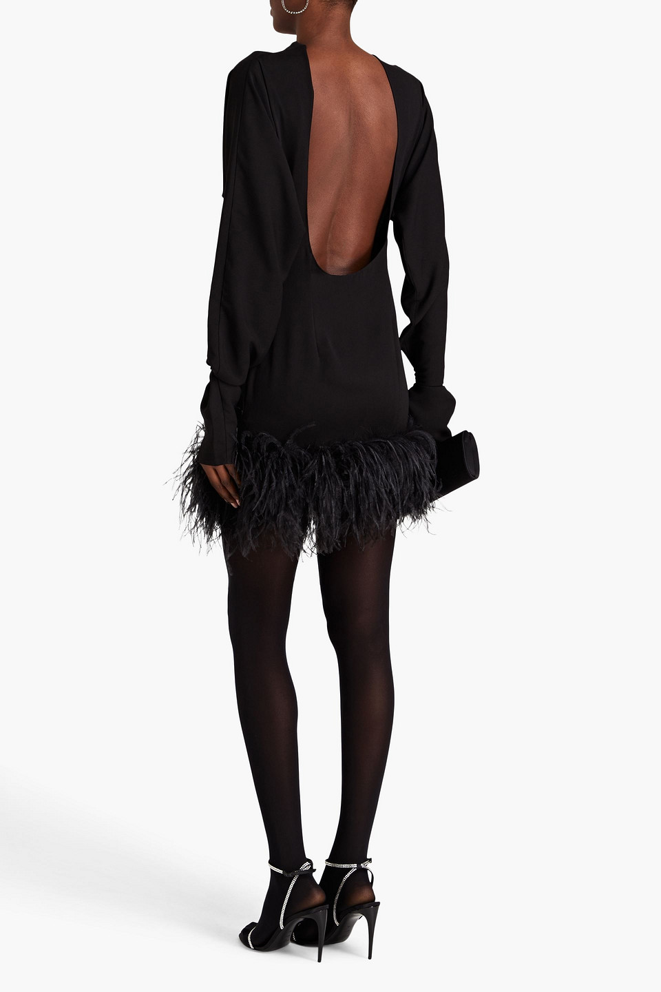 16arlington Flora Open-back Feather-trimmed Crepe Mini Dress In Black