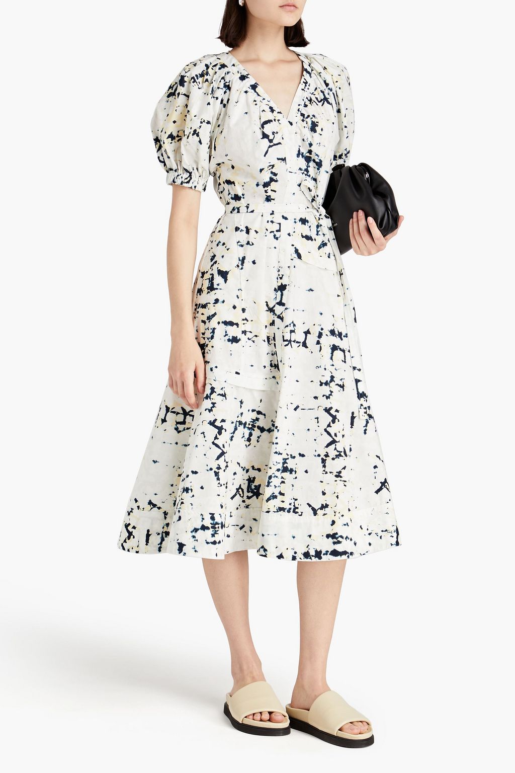 3.1 PHILLIP LIM コットンポプリン ミディワンピース ベルト付き プリーツ&プリント入り