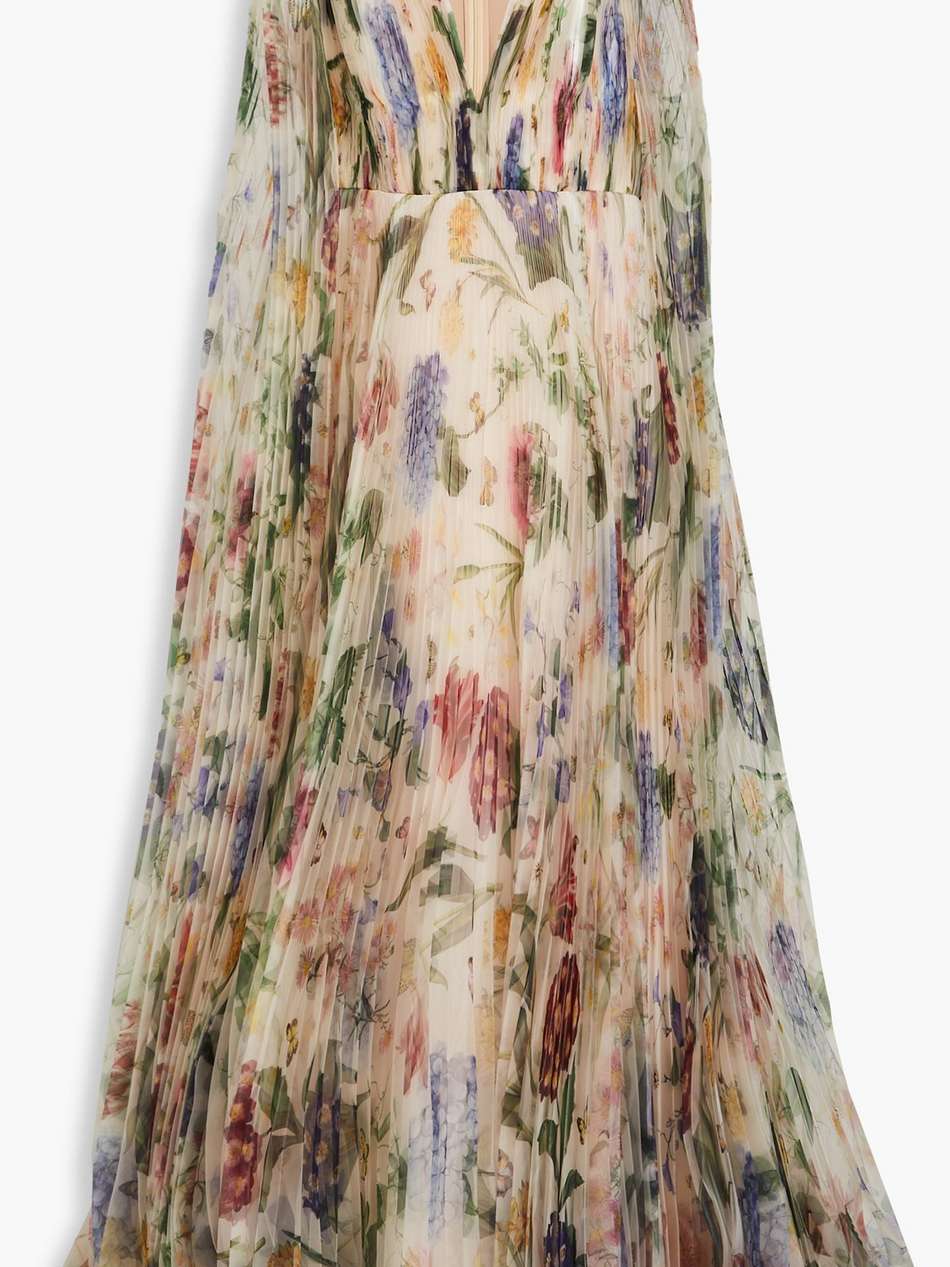 cape-effect embellished floral-print plissé-organza gown