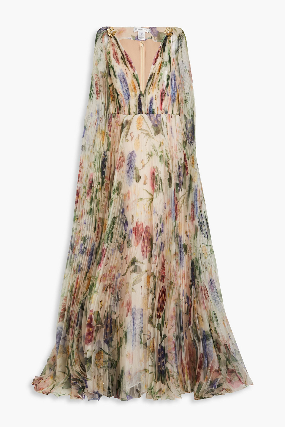 Oscar De La Renta Cape-effect Embellished Floral-print Plissé-organza Gown In Neutral
