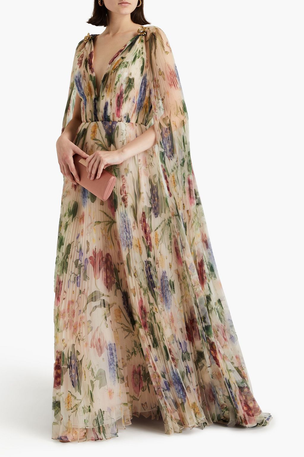 OSCAR DE LA RENTA Cape-effect embellished floral-print plissé-organza gown