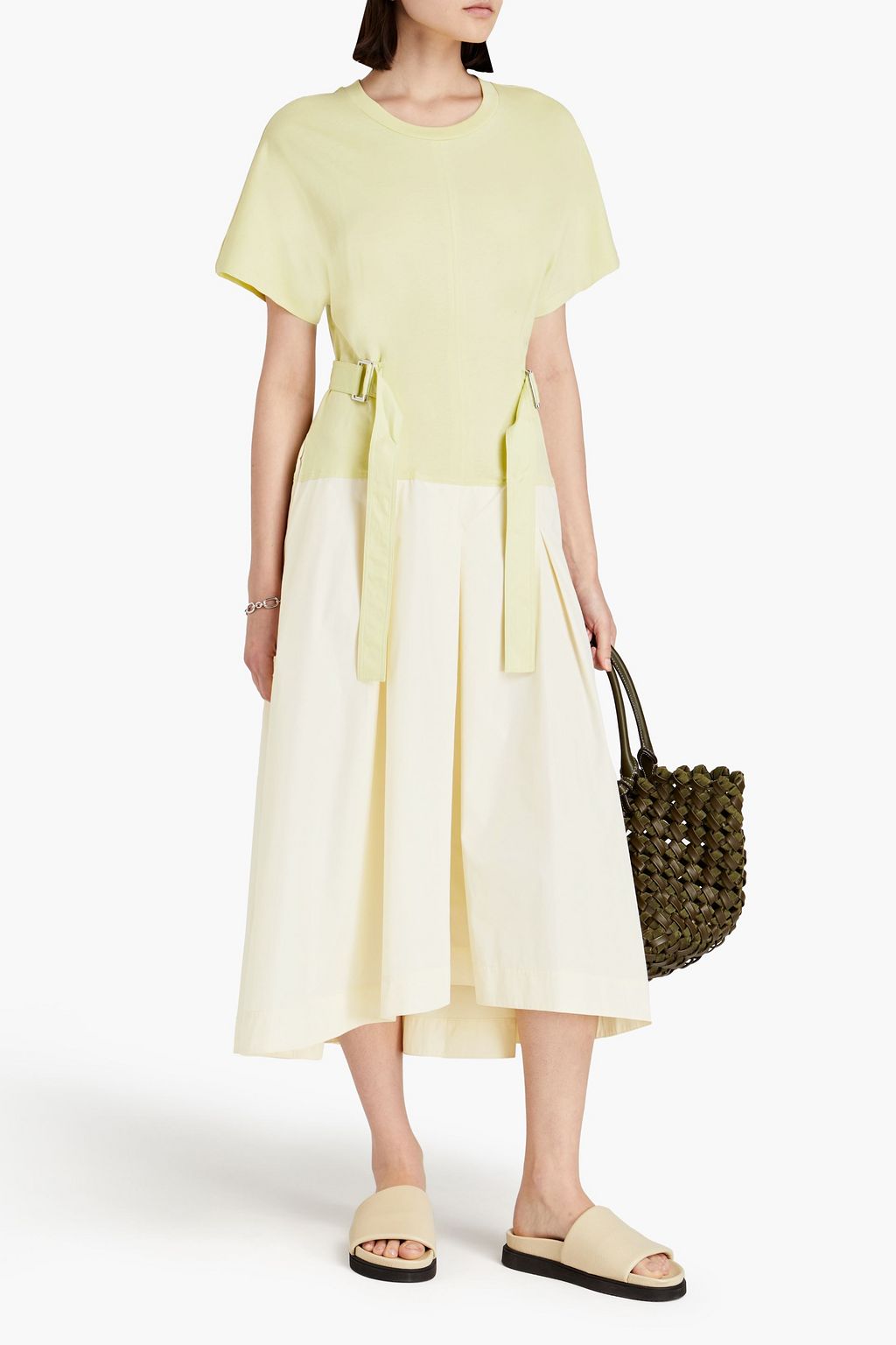 3.1 PHILLIP LIM コットン混ポプリン ミディワンピース プリーツ入り ジャージーパネル