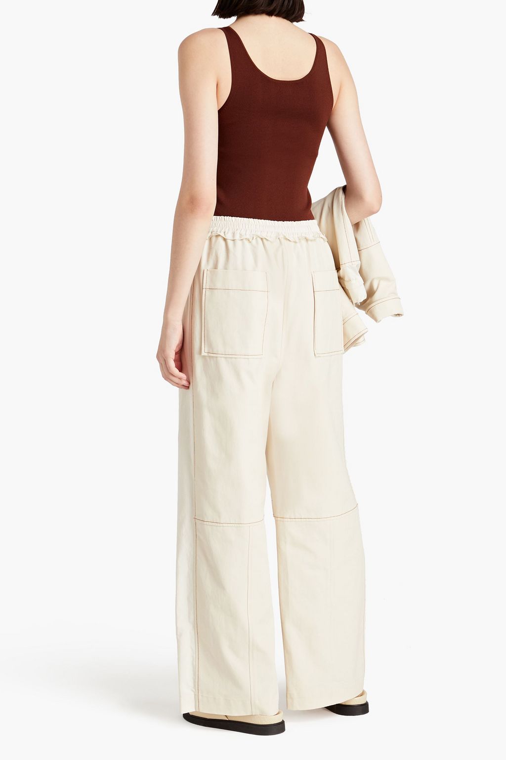 3.1 PHILLIP LIM بنطال بأرجل واسعة مصنوع من قطن كنفا مع قطع محاكة بجانب بعضها البعض من قماش ريبستوب