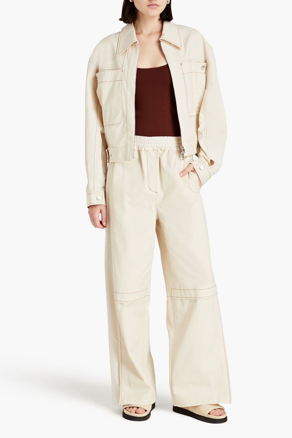 3.1 PHILLIP LIM بنطال بأرجل واسعة مصنوع من قطن كنفا مع قطع محاكة بجانب بعضها البعض من قماش ريبستوب