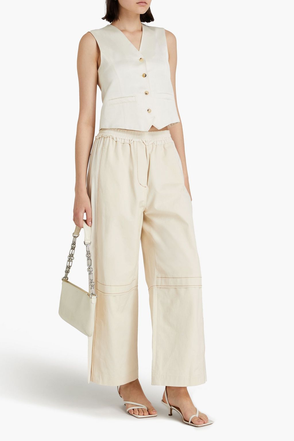 3.1 PHILLIP LIM بنطال قصير بأرجل واسعة مصنوع من قطن كنفا مع قطع محاكة بجانب بعضها البعض من قماش ريبستوب