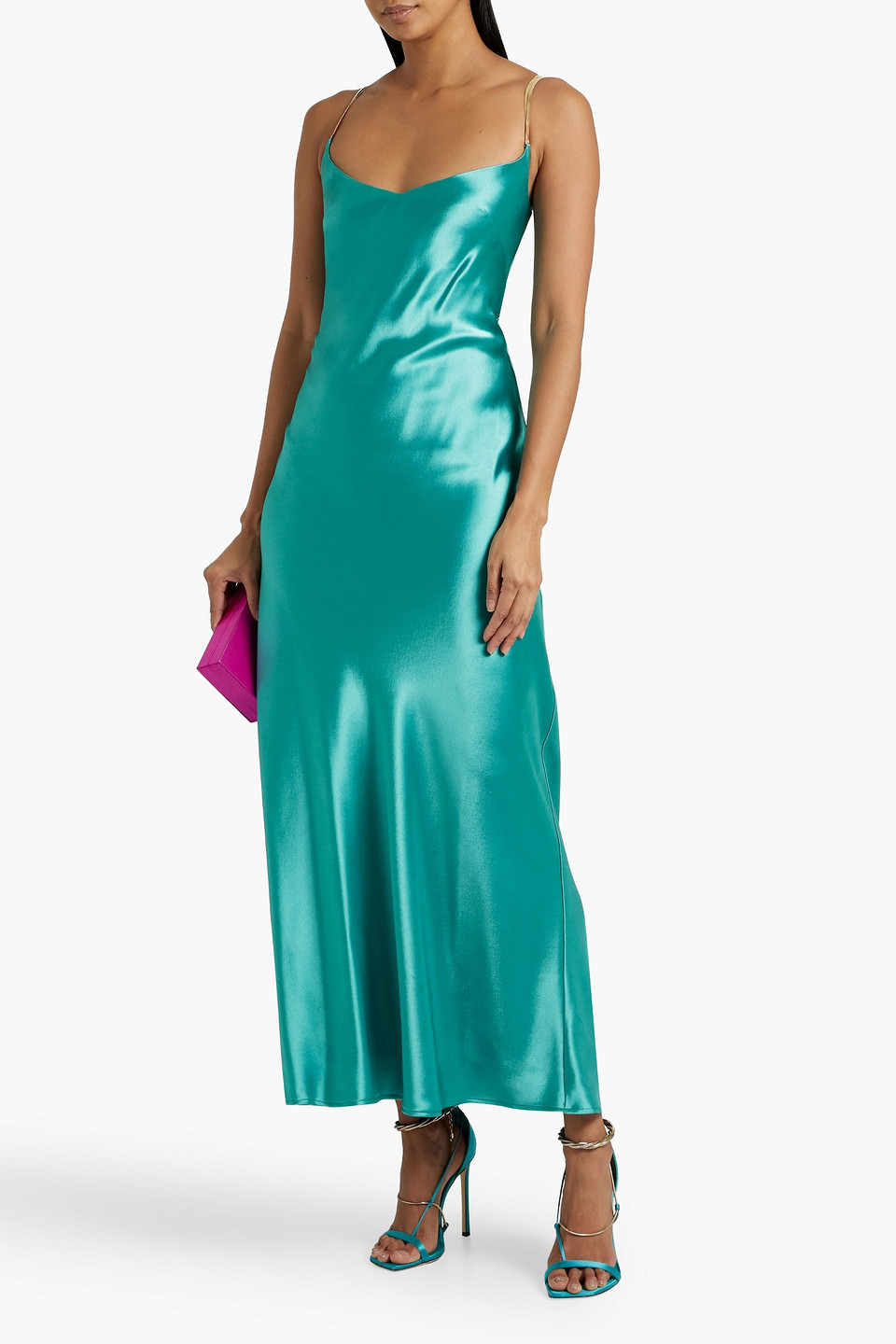 Shop Galvan Chain-trimmed Satin Maxi Slip Dress In Turquoise