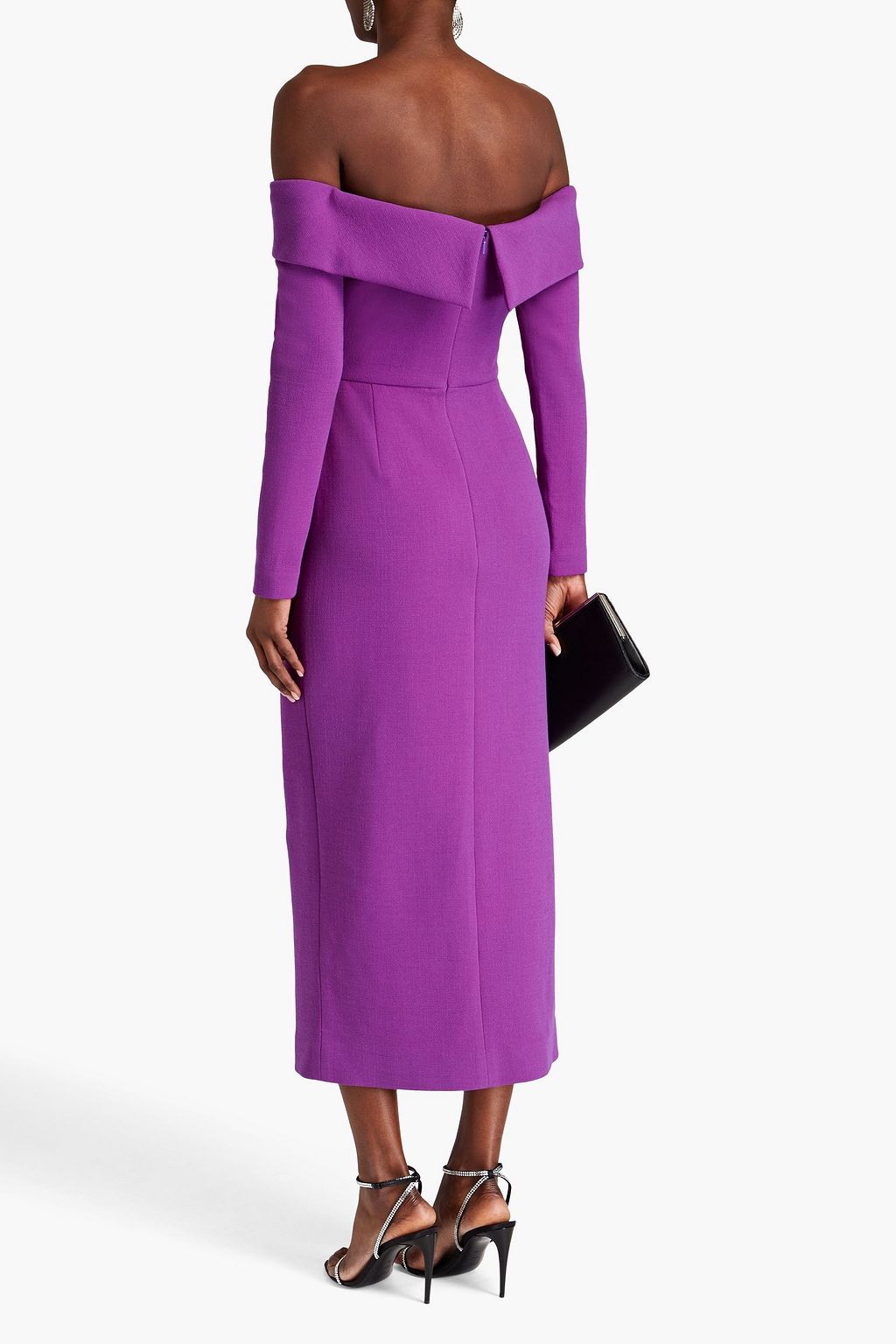 OSCAR DE LA RENTA Off-the-shoulder embellished wool-blend crepe midi dress