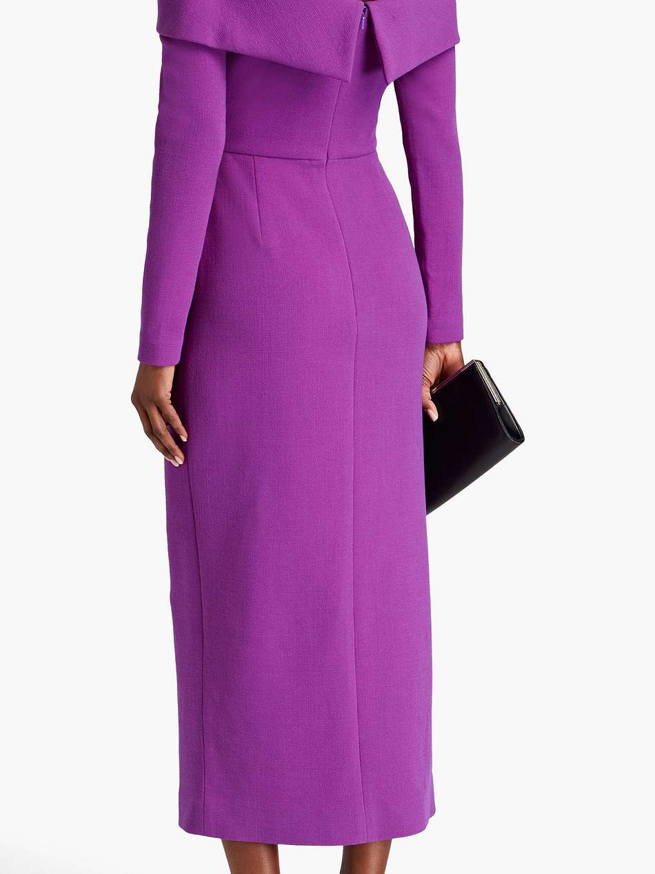 off-the-shoulder embellished wool-blend crepe midi dress