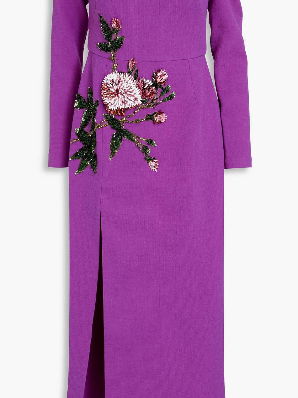 off-the-shoulder embellished wool-blend crepe midi dress