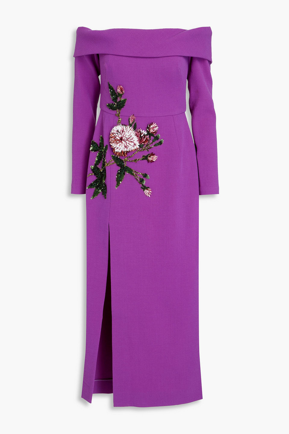 Oscar De La Renta Off-the-shoulder Embellished Wool-blend Crepe Midi Dress In Purple