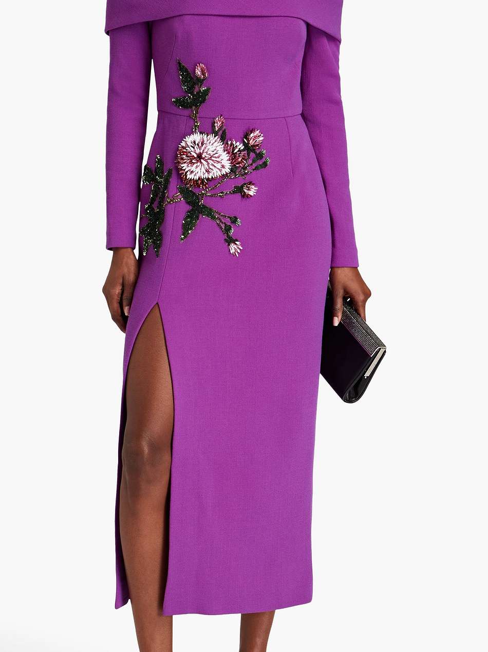 off-the-shoulder embellished wool-blend crepe midi dress