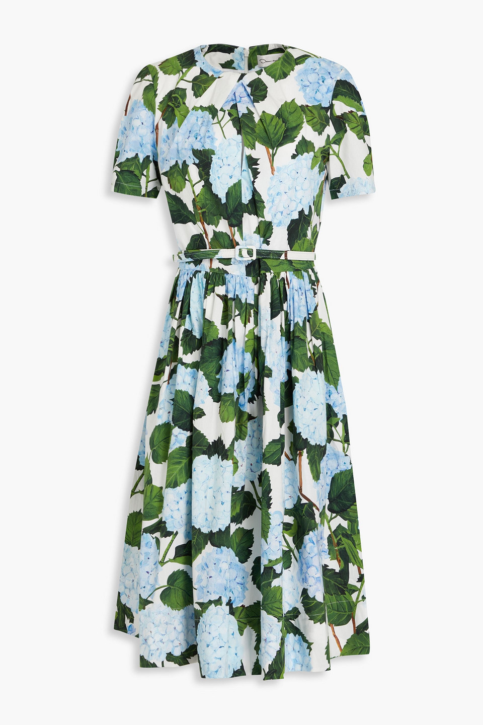 OSCAR DE LA RENTA BELTED FLORAL-PRINT COTTON-BLEND POPLIN MIDI DRESS