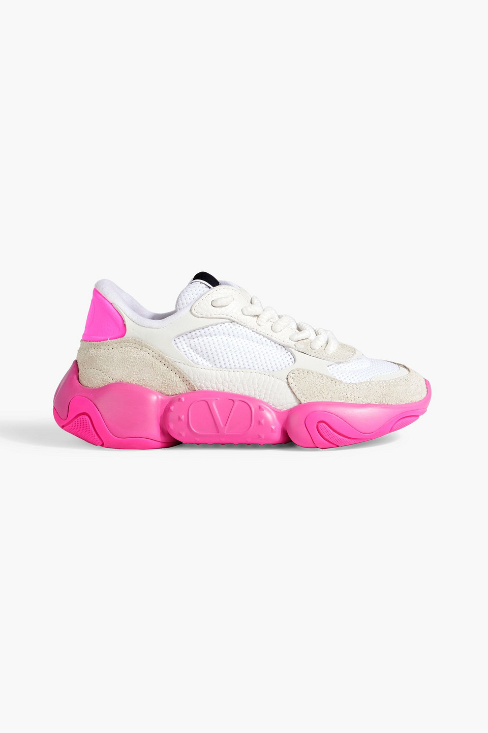 Shop Valentino Bubbleback Mesh, Suede And Pebbled-leather Sneakers In Bright Pink