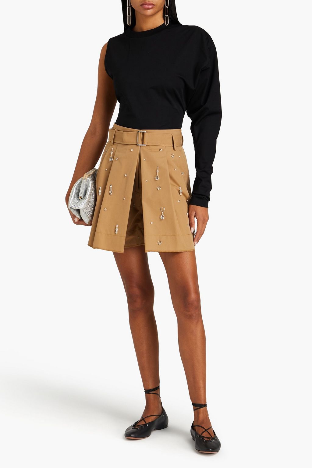 3.1 PHILLIP LIM شورت مصنوع من التويل بتصميم مزركش ومزود بحزام