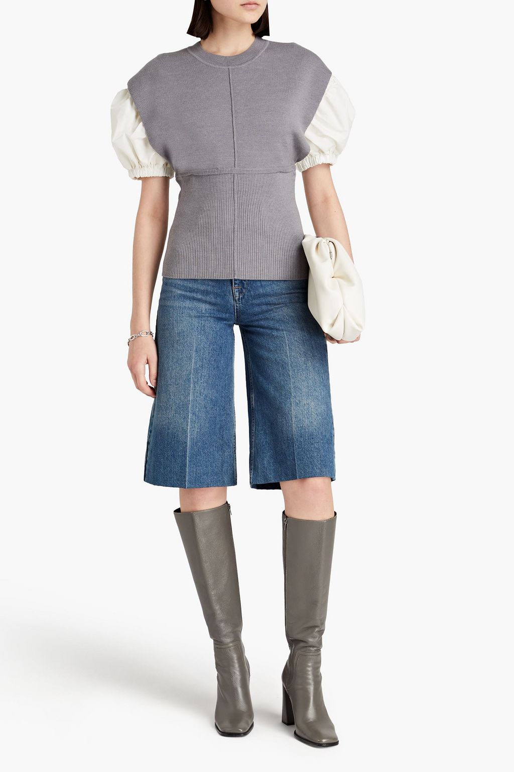 3.1 PHILLIP LIM Poplin-paneled ribbed wool-blend top