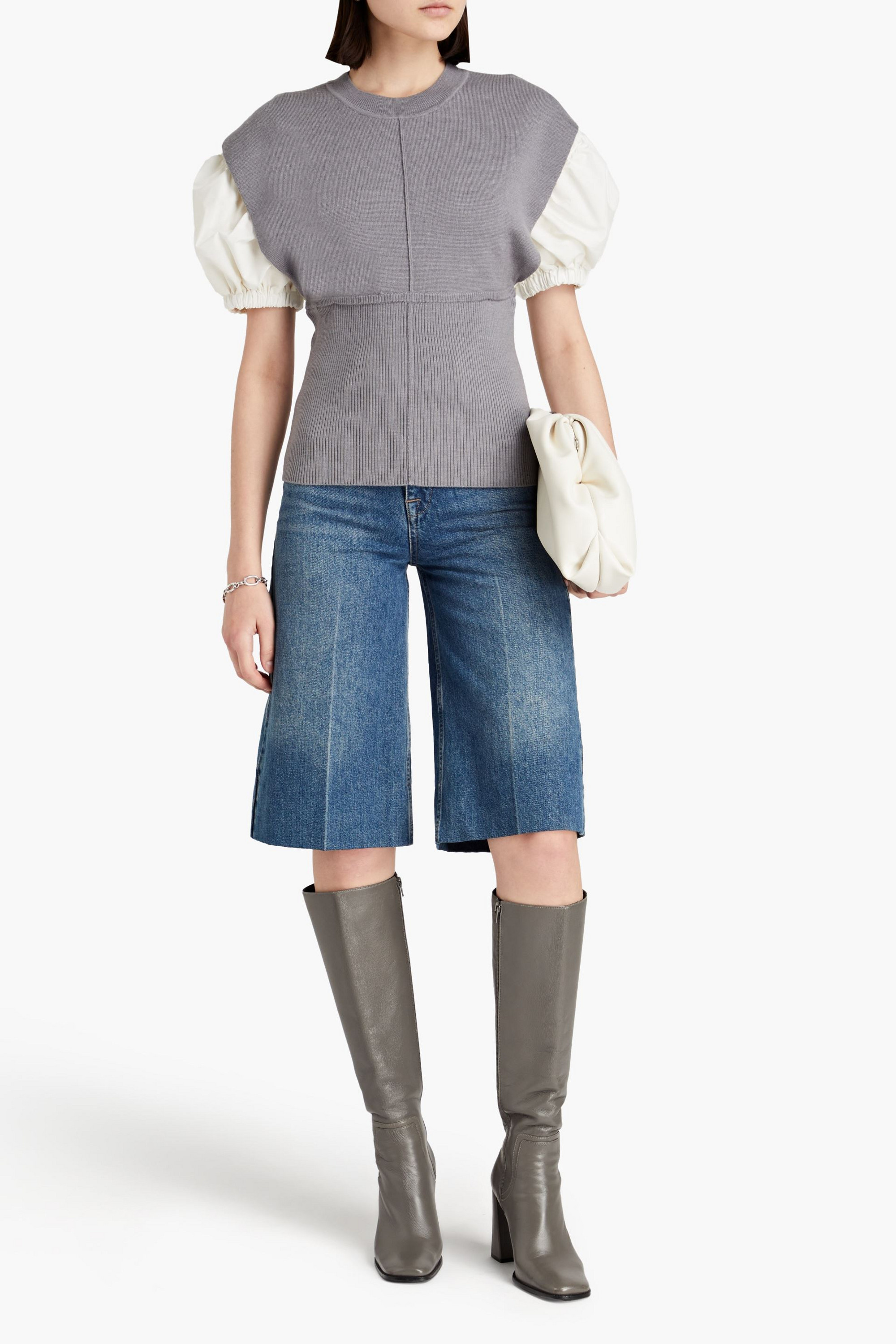 3.1 Phillip Lim Poplin-paneled ribbed wool-blend top