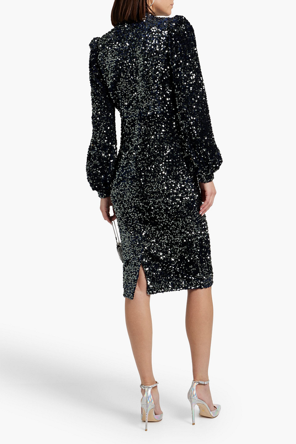 Shop Badgley Mischka Sequined Velvet Dress In Midnight Blue