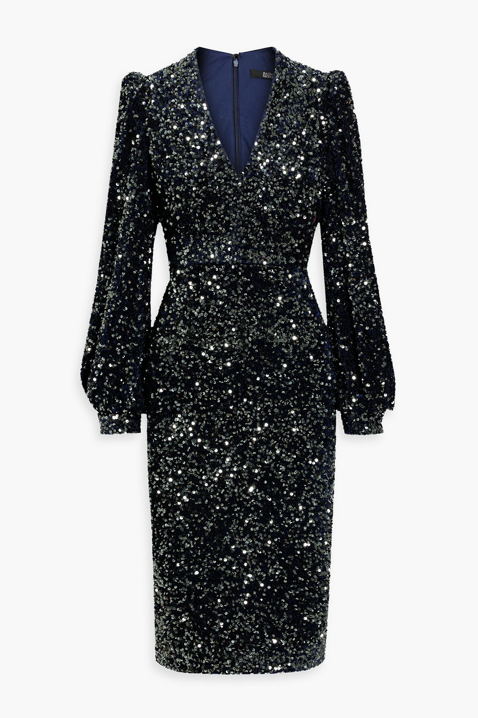 Badgley Mischka Long-sleeved Sequins And Velvet Cocktail Dress In Midnight Blue