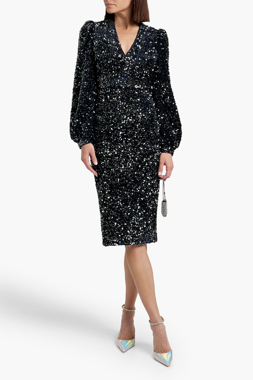 Shop Badgley Mischka Sequined Velvet Dress In Midnight Blue