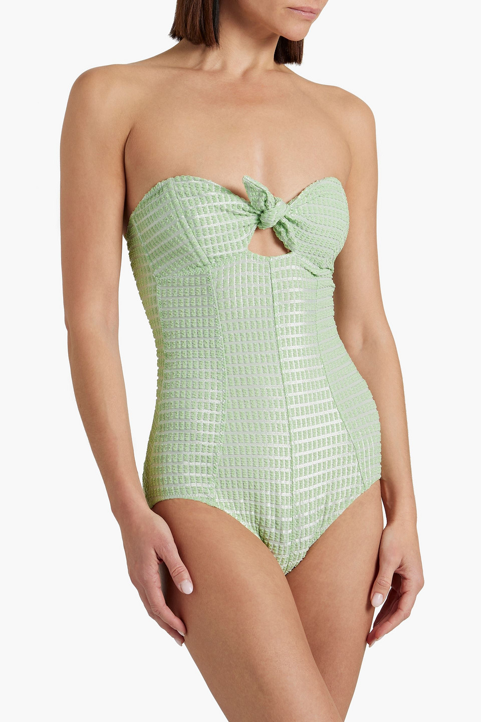 Shop Lisa Marie Fernandez Metallic Seersucker Bandeau Swimsuit In Mint