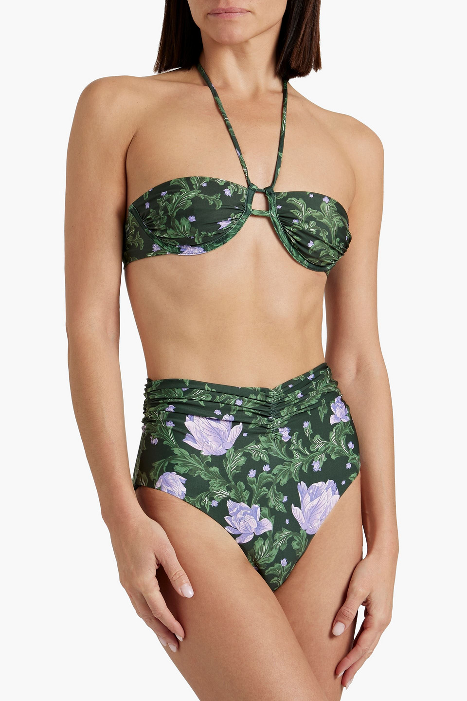 Shop Agua By Agua Bendita Vainen Peonia Ocaso Ruched Floral-print High-rise Bikini Briefs In Forest Green