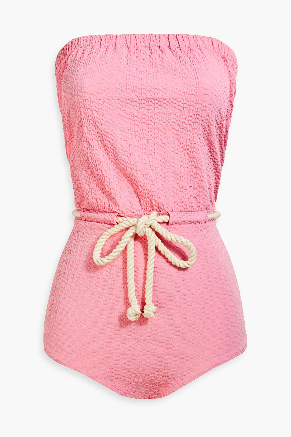 Lisa Marie Fernandez Belted Seersucker Bandeau Swimsuit In Baby Pink