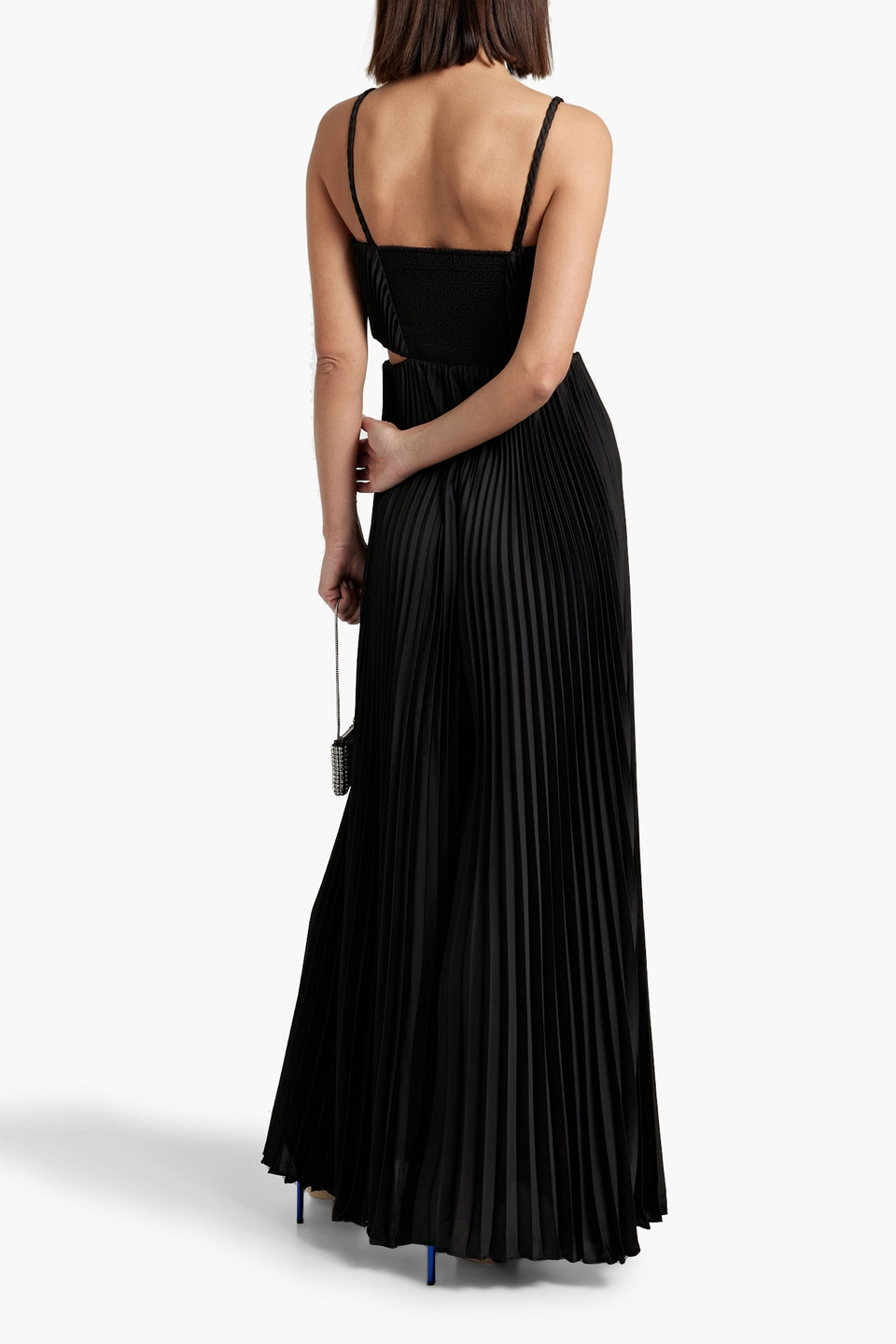 Shop Alice And Olivia Powell Cutout Pleated Satin Wide-leg Jumpsuit In Black