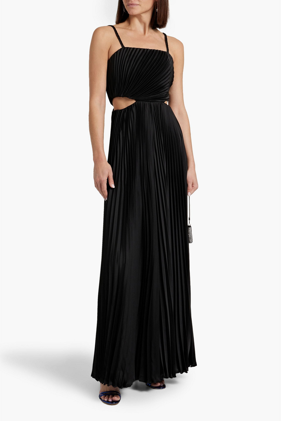 Shop Alice And Olivia Powell Cutout Pleated Satin Wide-leg Jumpsuit In Black