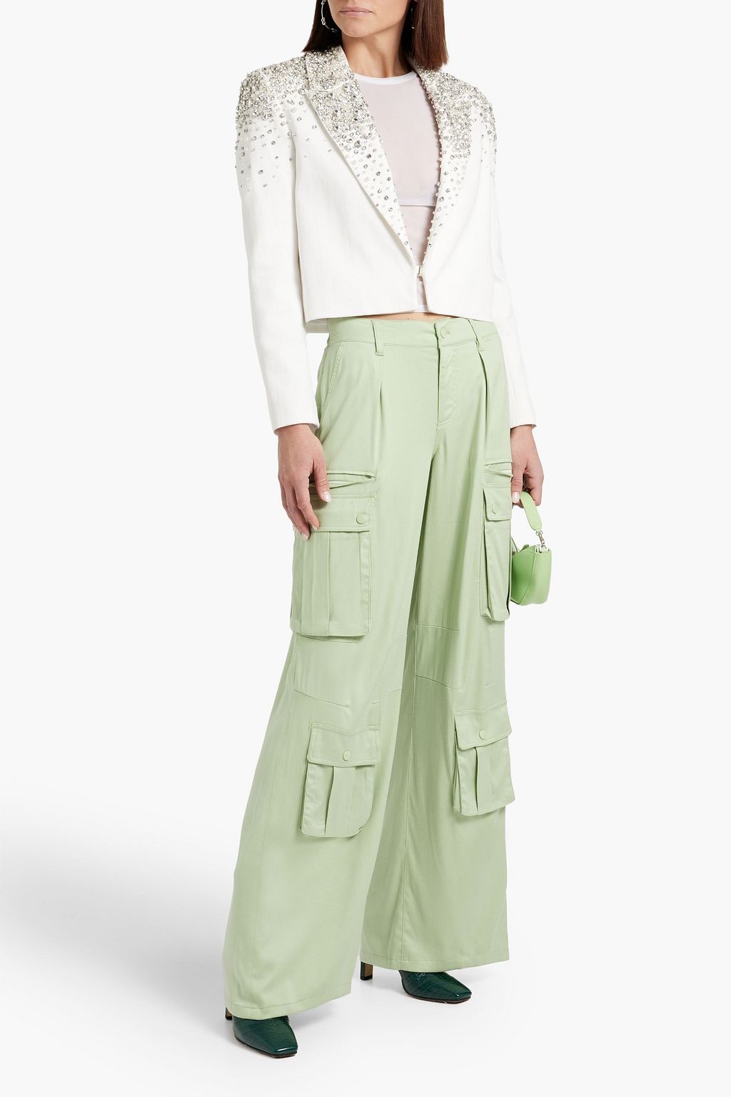 ALICE + OLIVIA Ivan cropped embellished denim blazer