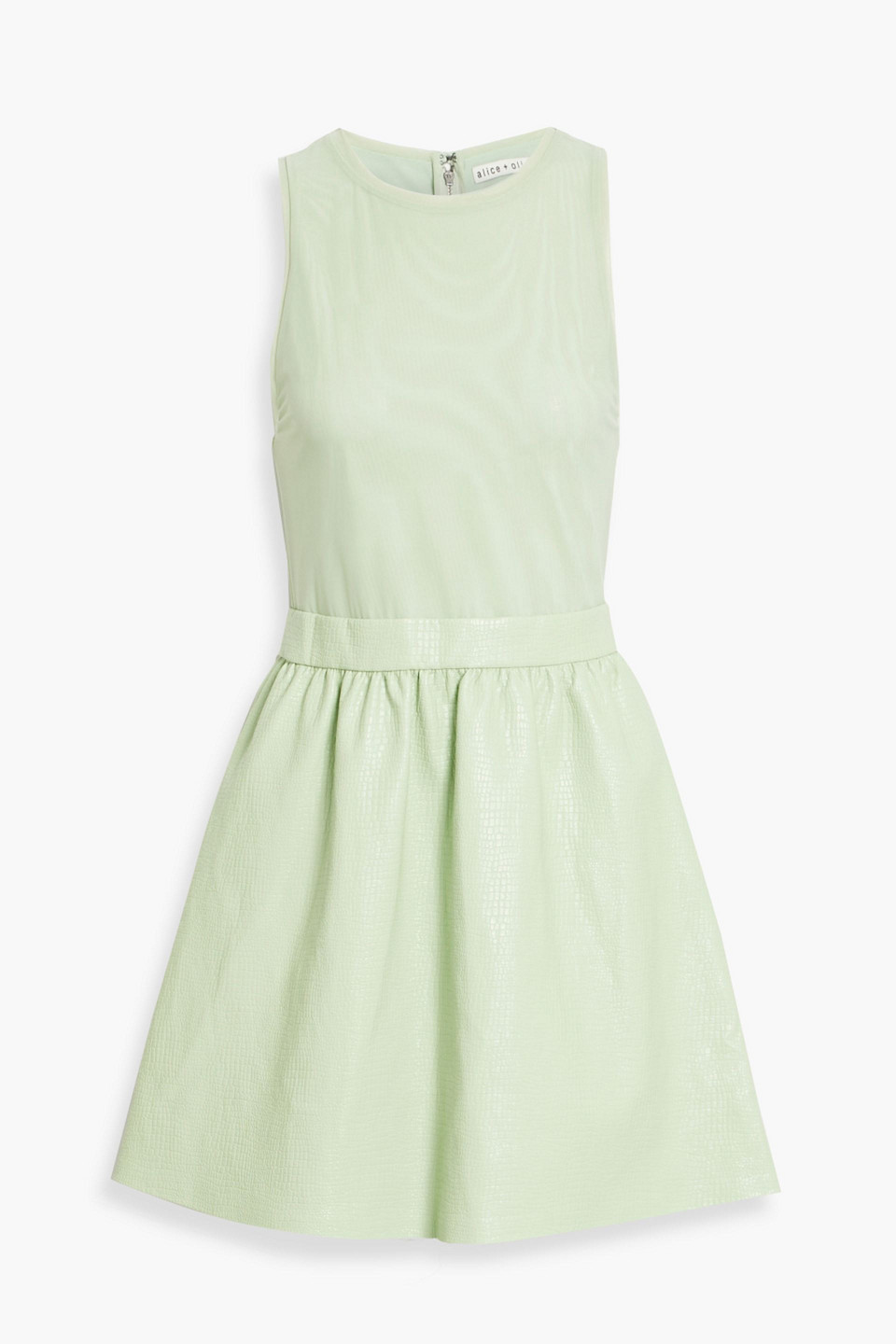 Alice And Olivia Chara Mesh-paneled Faux Croc-effect Leather Mini Dress In Sage Green