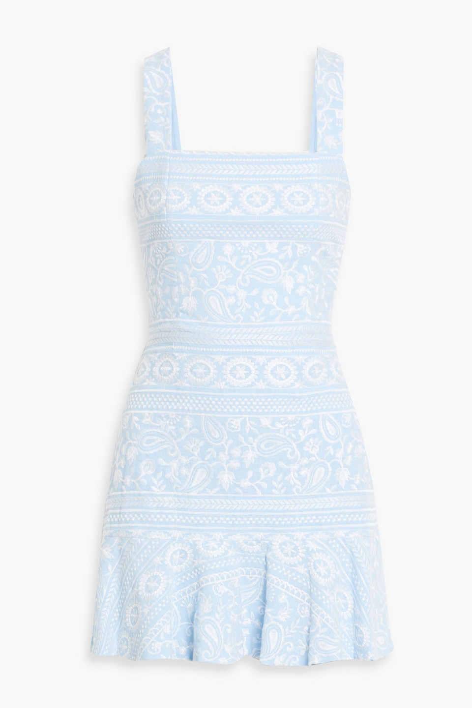 Shop Alice And Olivia Kaidra Ruffled Embroidered Cotton Mini Dress In Sky Blue