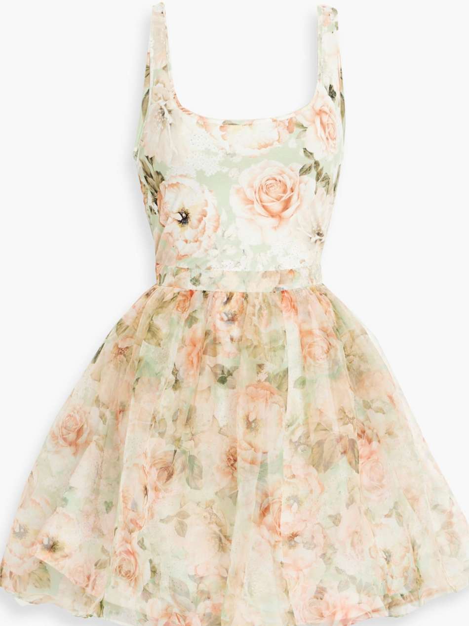 chara flared floral-print silk-organza and jersey mini dress