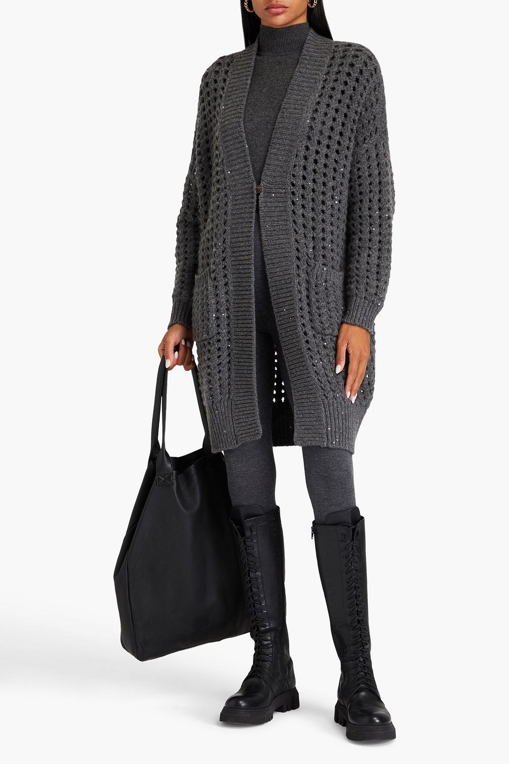 BRUNELLO CUCINELLI Sequin-embellished open-knit cashmere and silk-blend cardigan