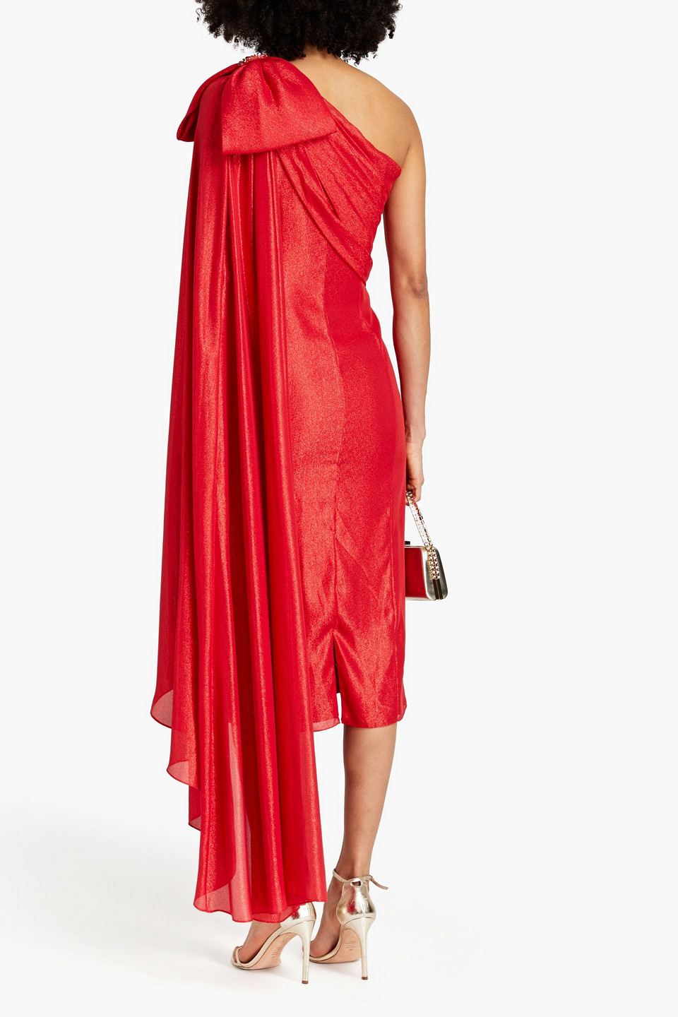 Shop Jenny Packham One-shoulder Bow-detailed Lamé Midi Dress In Red