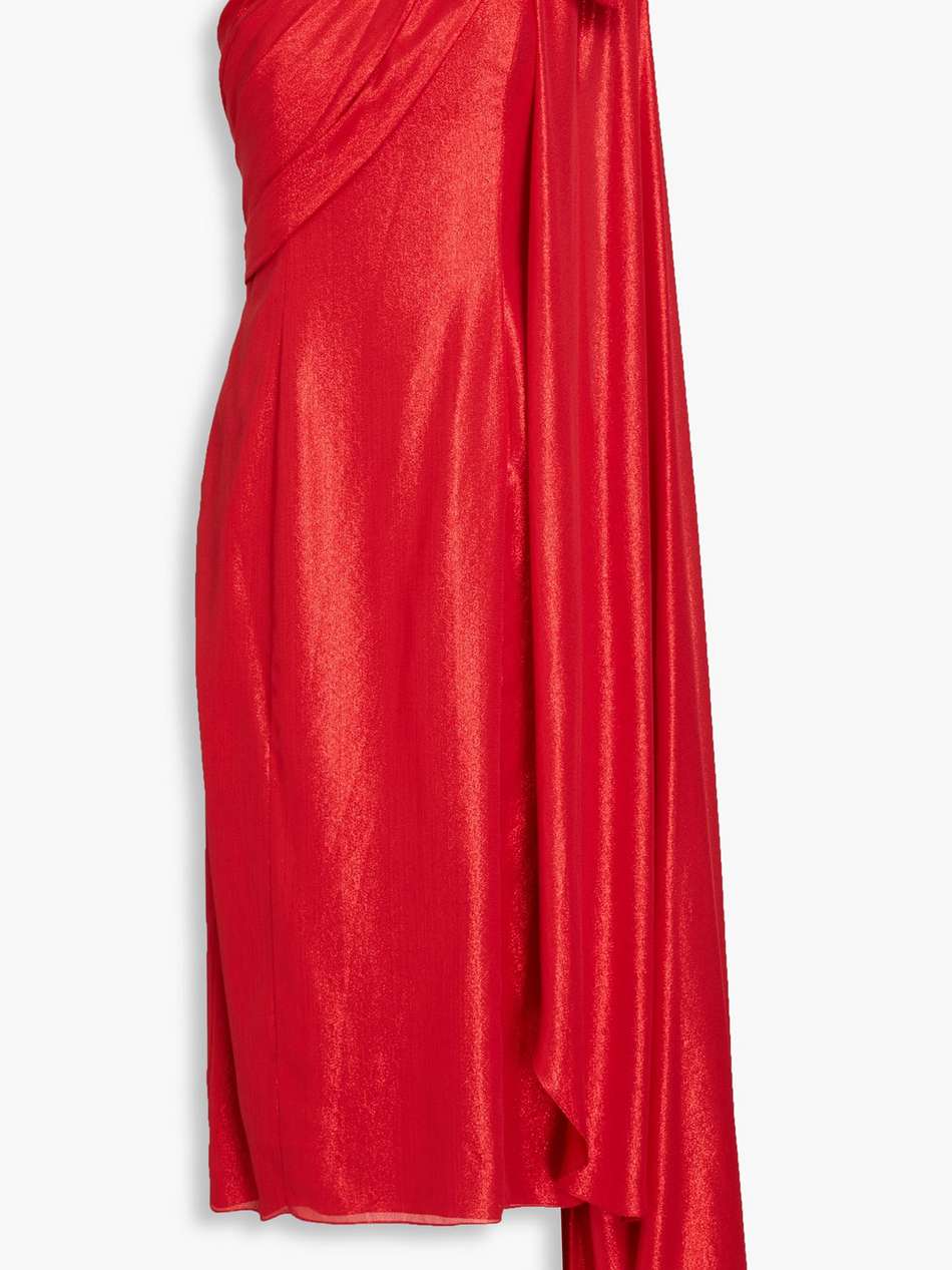 one-shoulder bow-detailed lamé midi dress
