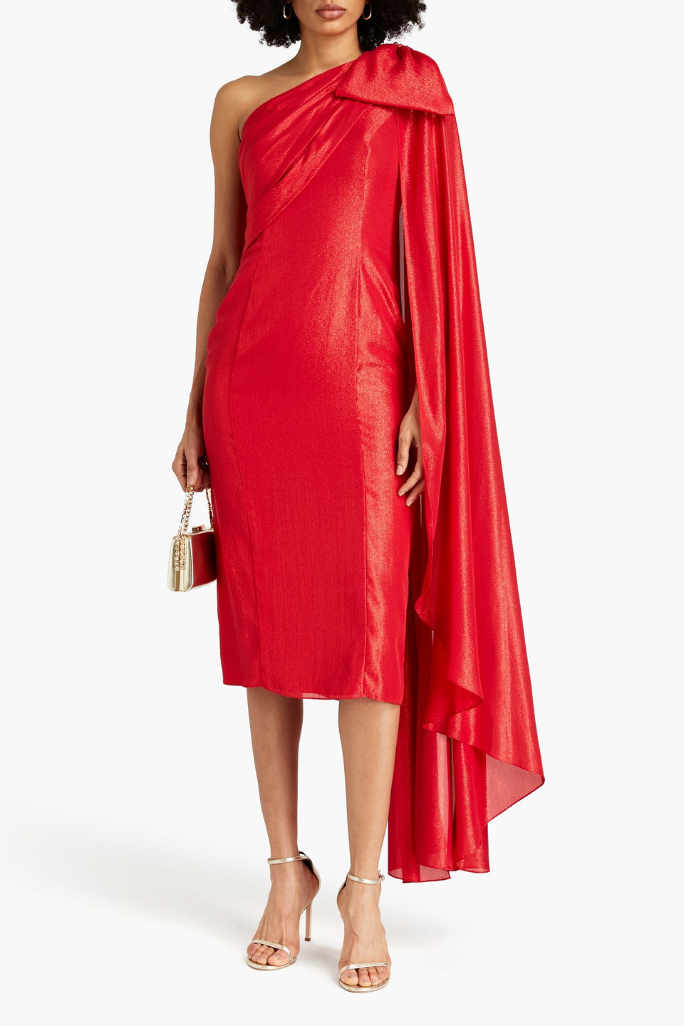 Shop Jenny Packham One-shoulder Bow-detailed Lamé Midi Dress In Red