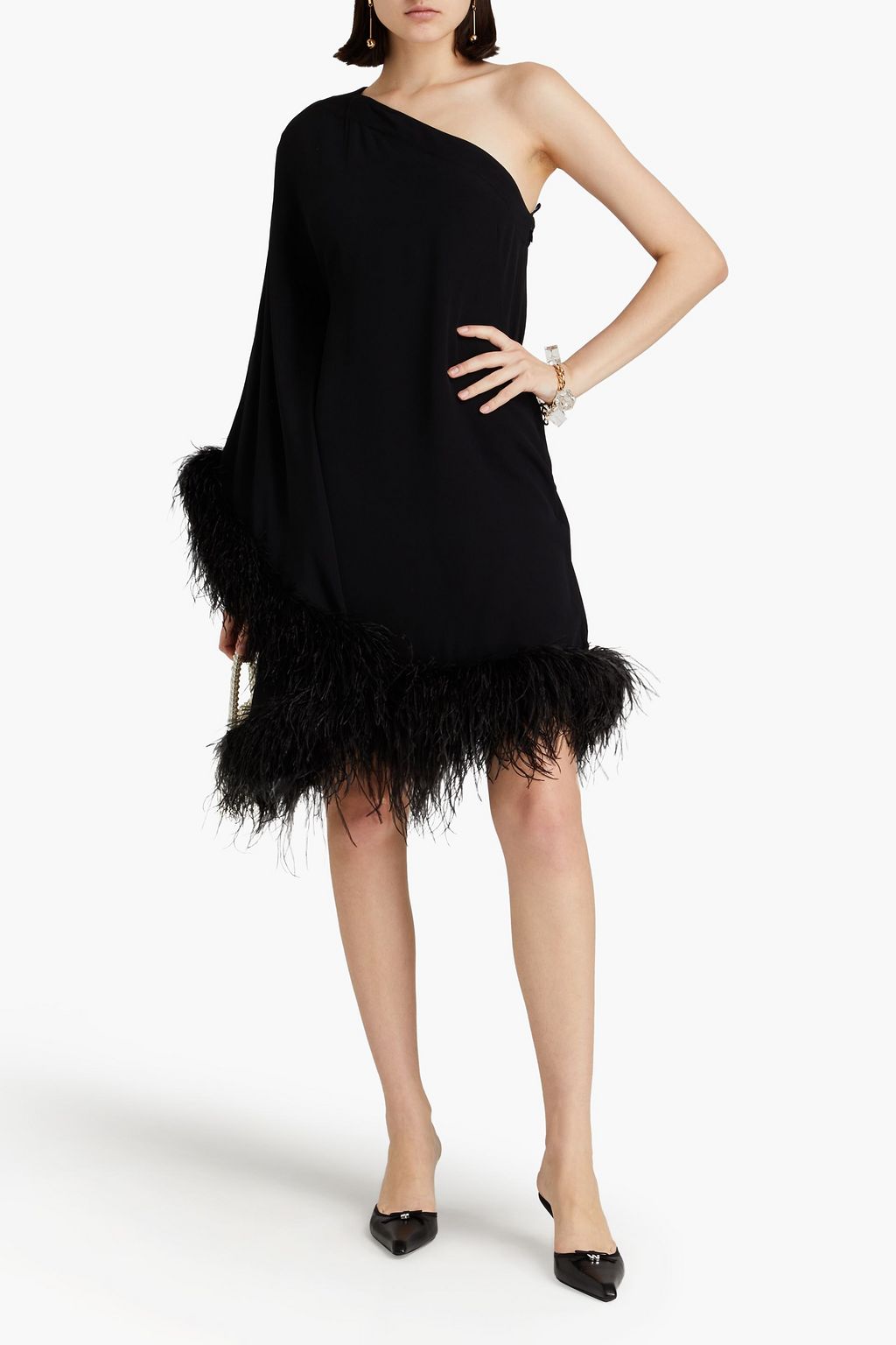 CULT GAIA Myrtle Kleid aus Crêpe mit asymmetrischer Schulterpartie und Federverzierung