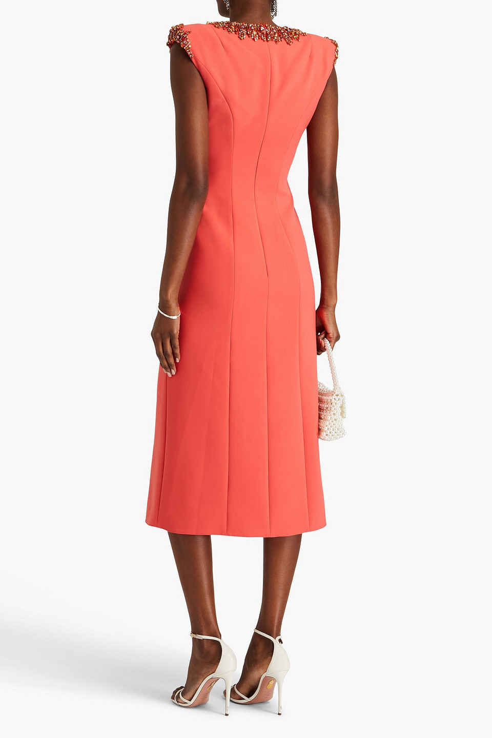 Shop Jenny Packham Embellished Crepe Midi Dress In Coral