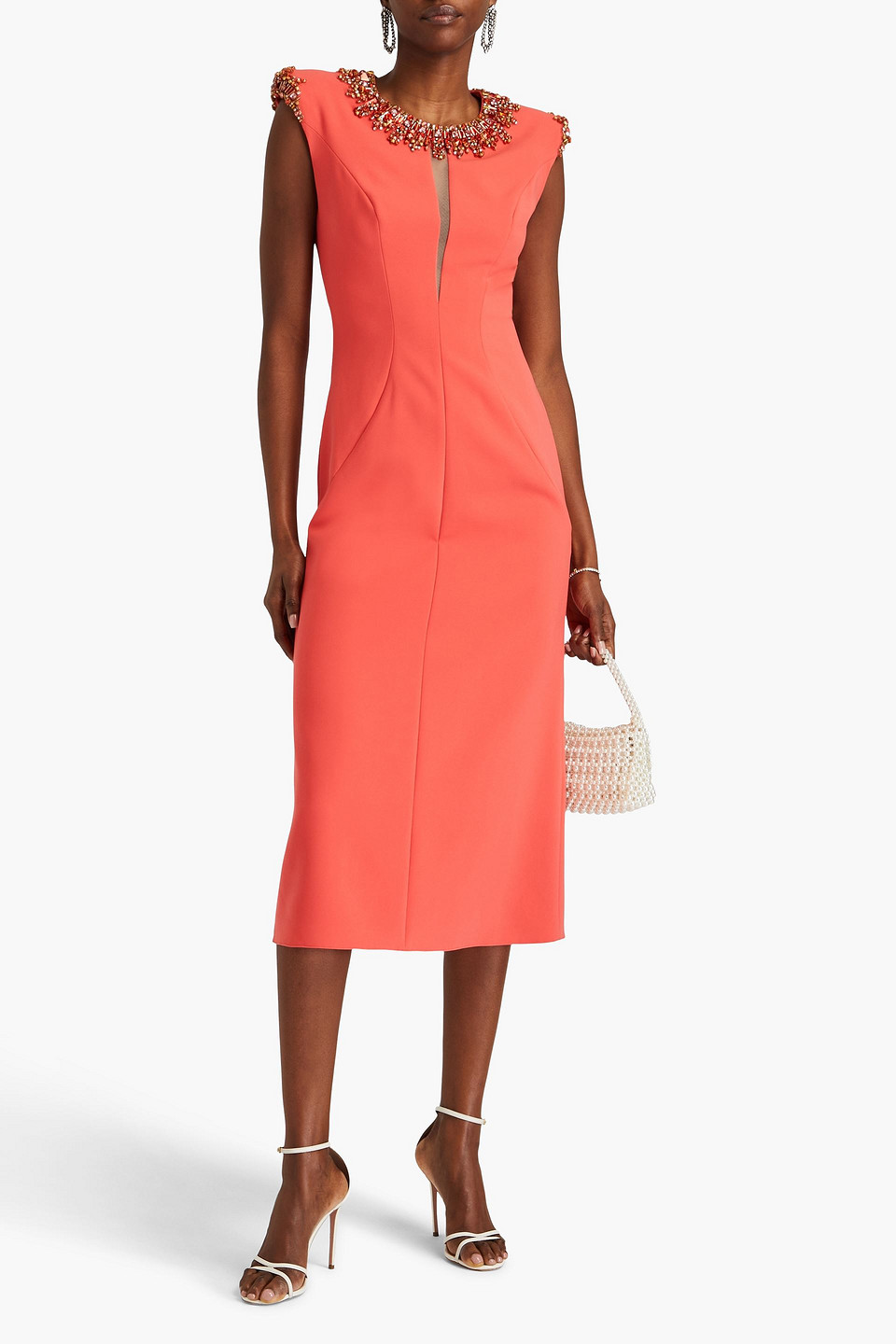 Shop Jenny Packham Embellished Crepe Midi Dress In Coral