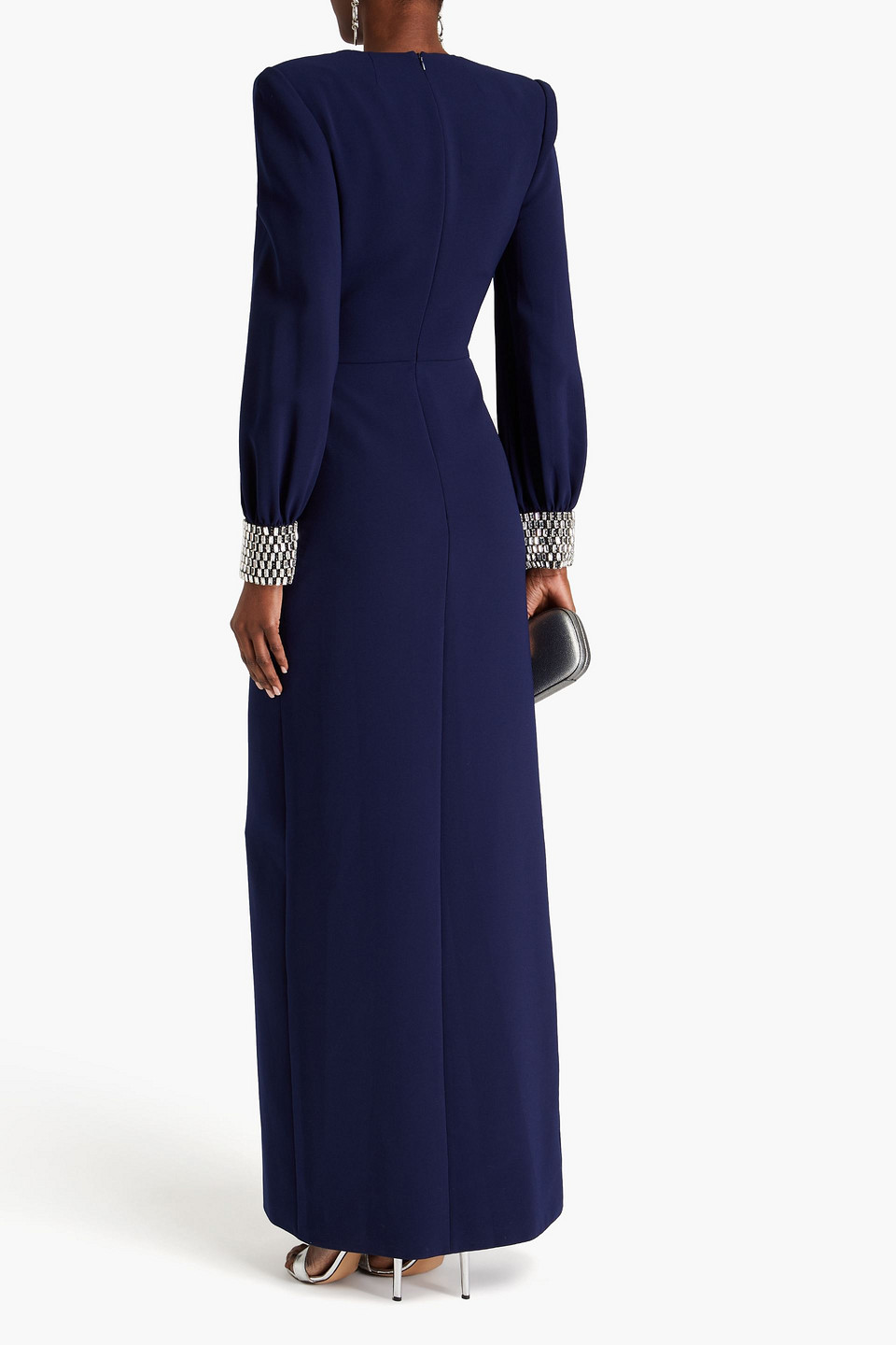 Jenny Packham Crystal-embellished Twisted Crepe Gown In Navy