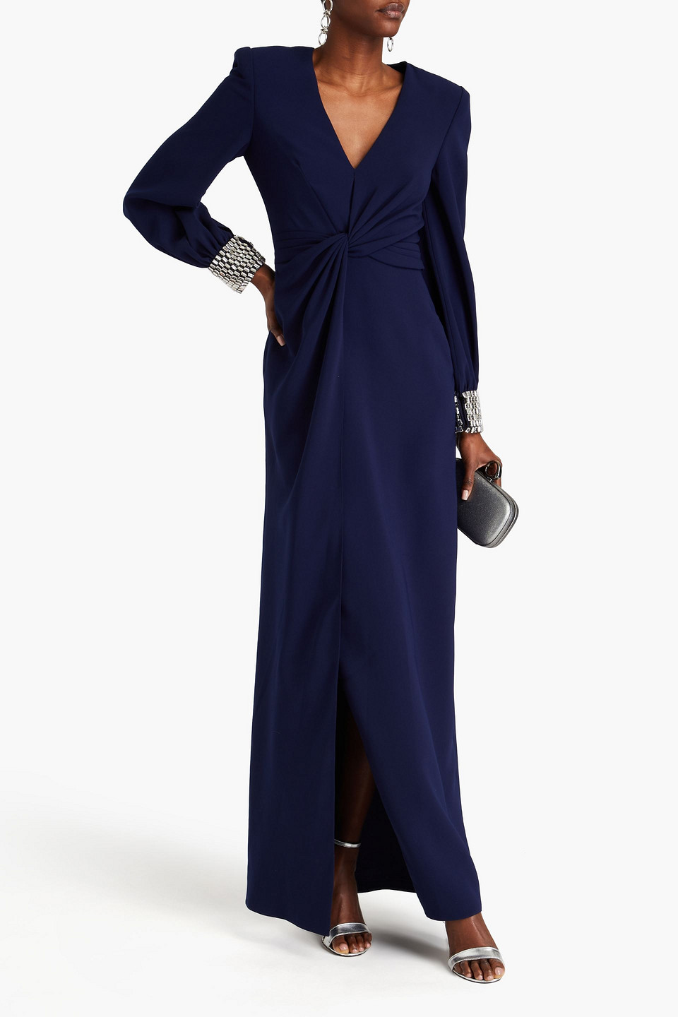 Jenny Packham Crystal-embellished Twisted Crepe Gown In Navy
