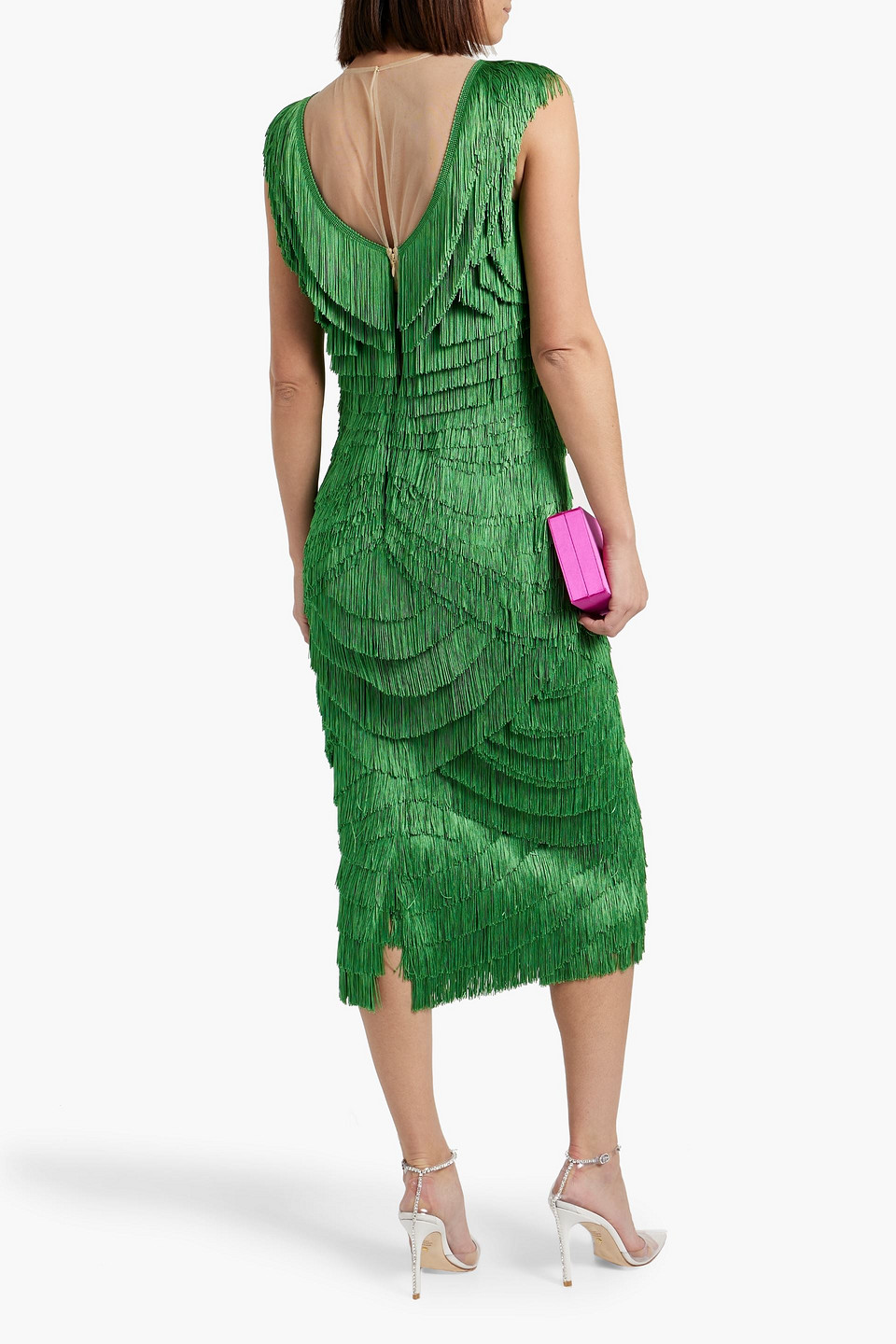 Shop Dolce & Gabbana Fringed Tulle Midi Dress In Green