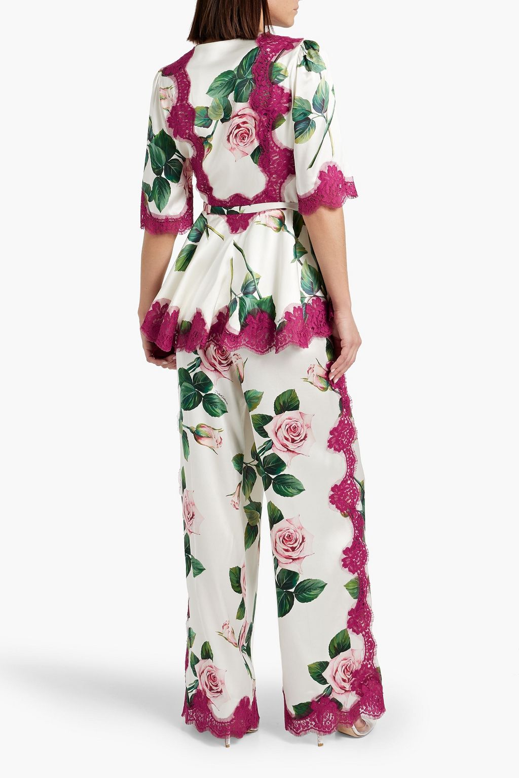 DOLCE&GABBANA Lace-trimmed floral-print silk-blend satin wrap top